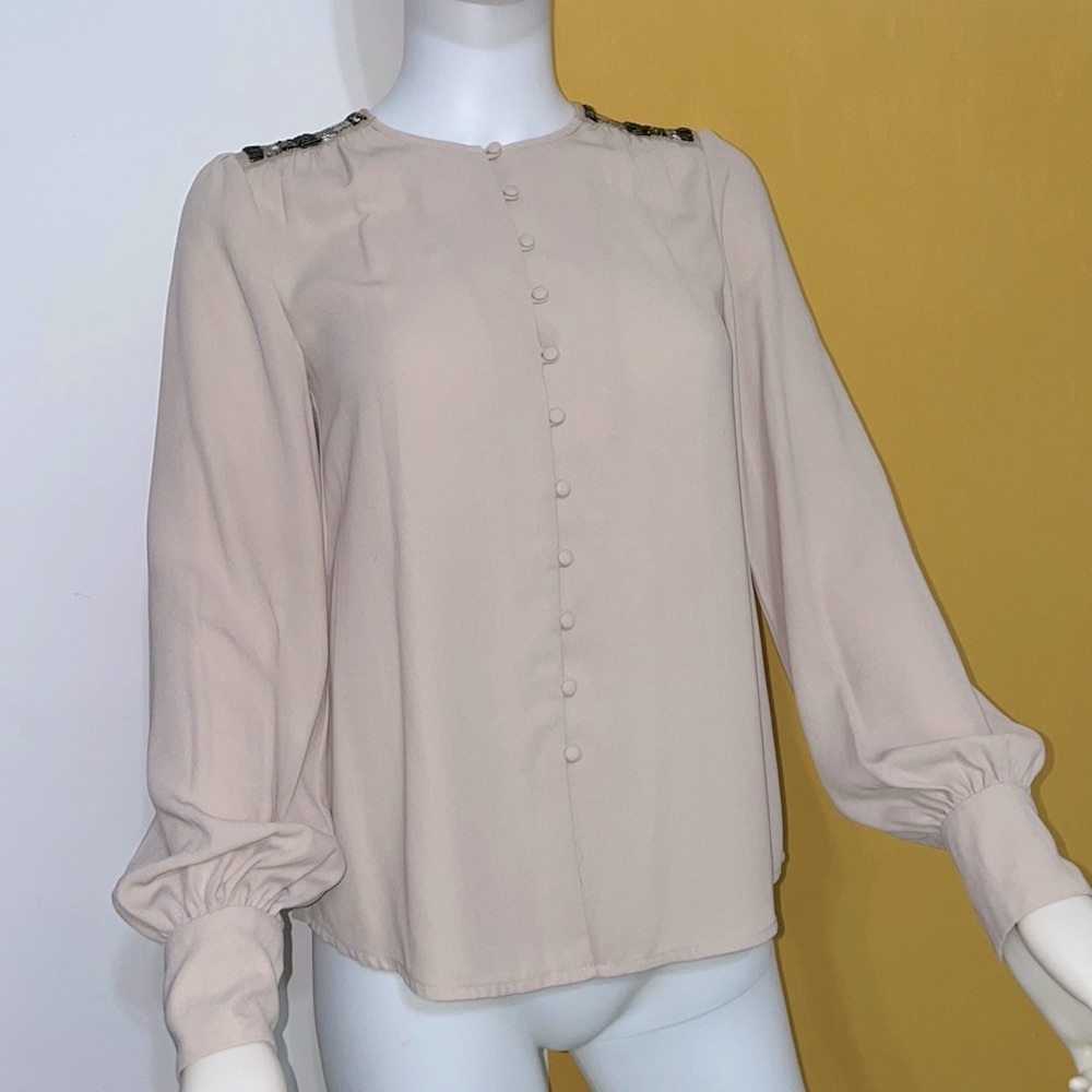 Rachel Roy blouse with beautiful beaded shoulders and button up wrists and front
